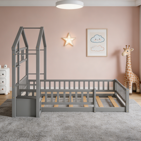 Gray Twin House Floor Bed with Fence Storage Nightstand